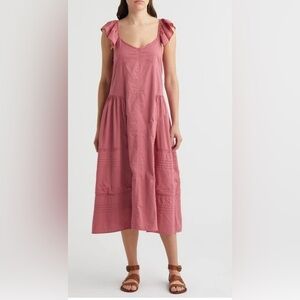 Treasure & Bond Tie Back Flutter Sleeve Cotton Midi Dress in Mauve Pink Small